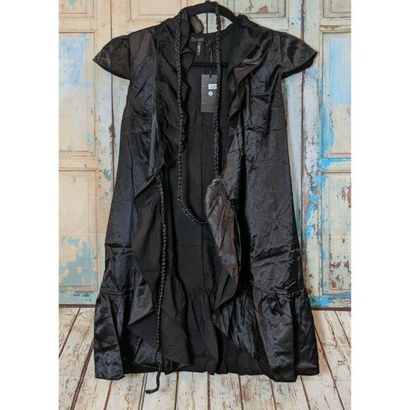 Lucy Paris Womens Small Black Satin Tie Waist Cap Sleeve Ruffled Mini Wrap Dress - Picture 1 of 7